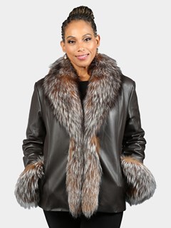 Woman's Brown Nappa Lamb Leather Jacket with Dyed Crystal Fox Cuffs and Tuxedo Front