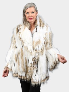 Woman's White Multicolor Knitted Rex Rabbit / Fox / Finn Raccoon Fur Jacket