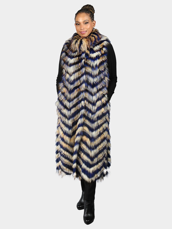 Woman's Gold and Blue Dyed Fox Fur Long Vest