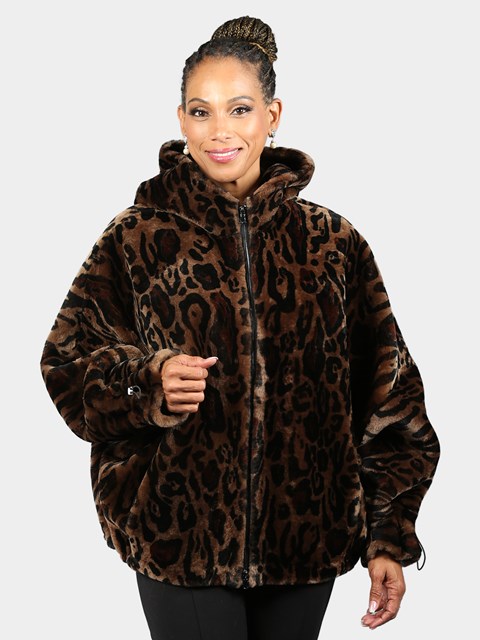 Woman's Leopard Print Hooded Shearling Jacket