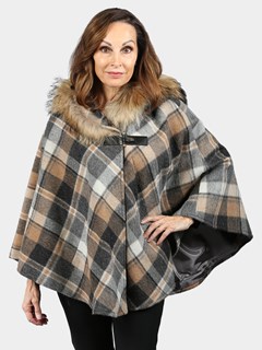 Woman's Gray and Camel Plaid Cashmere Wool Cape