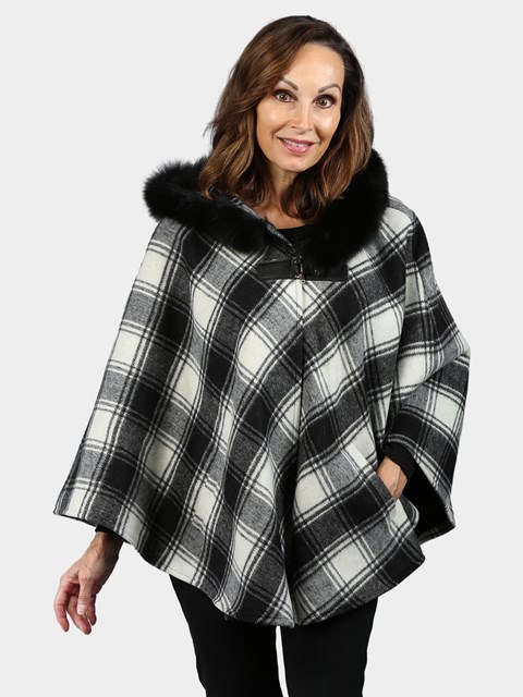 Woman's Black and White Check Cashmere Wool Cape