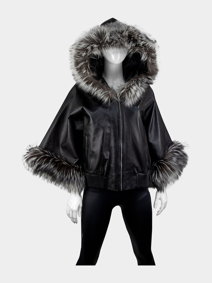 Woman's Black Leather Hooded Jacket with Silver Fox Trim