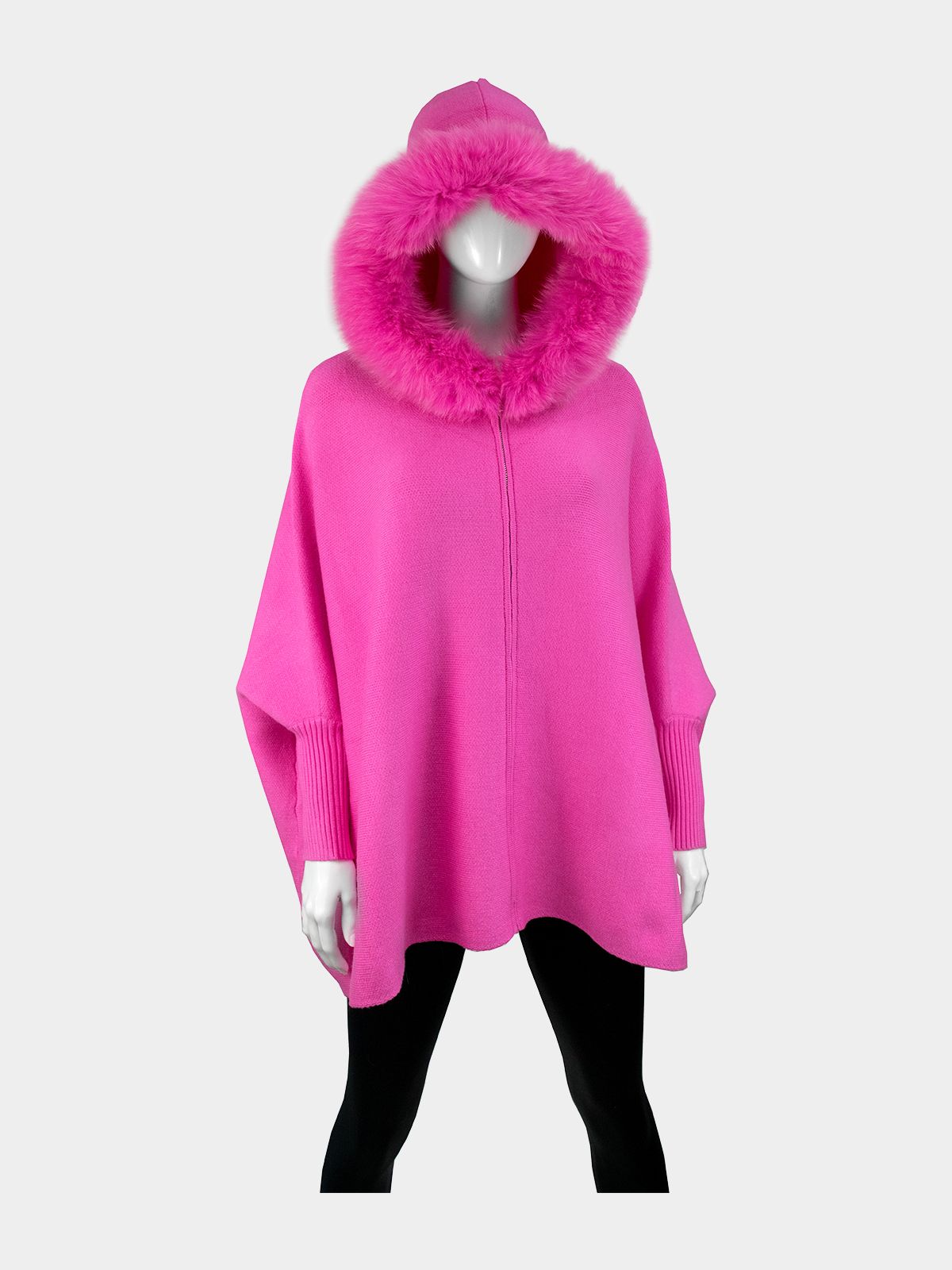 Woman s Hot Pink Fabric Zip Up Hoodie Jacket With Fox Trim on Hood Day Furs