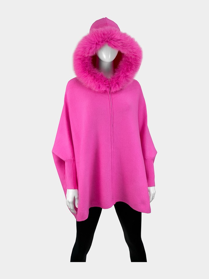 Woman's Hot Pink Fabric Zip Up Hoodie Jacket With Fox Trim on Hood