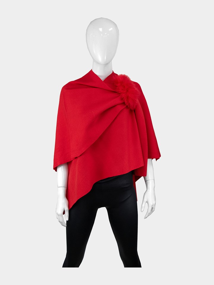 Woman's Red Fabric Wrap With Fox Trim Pull Through