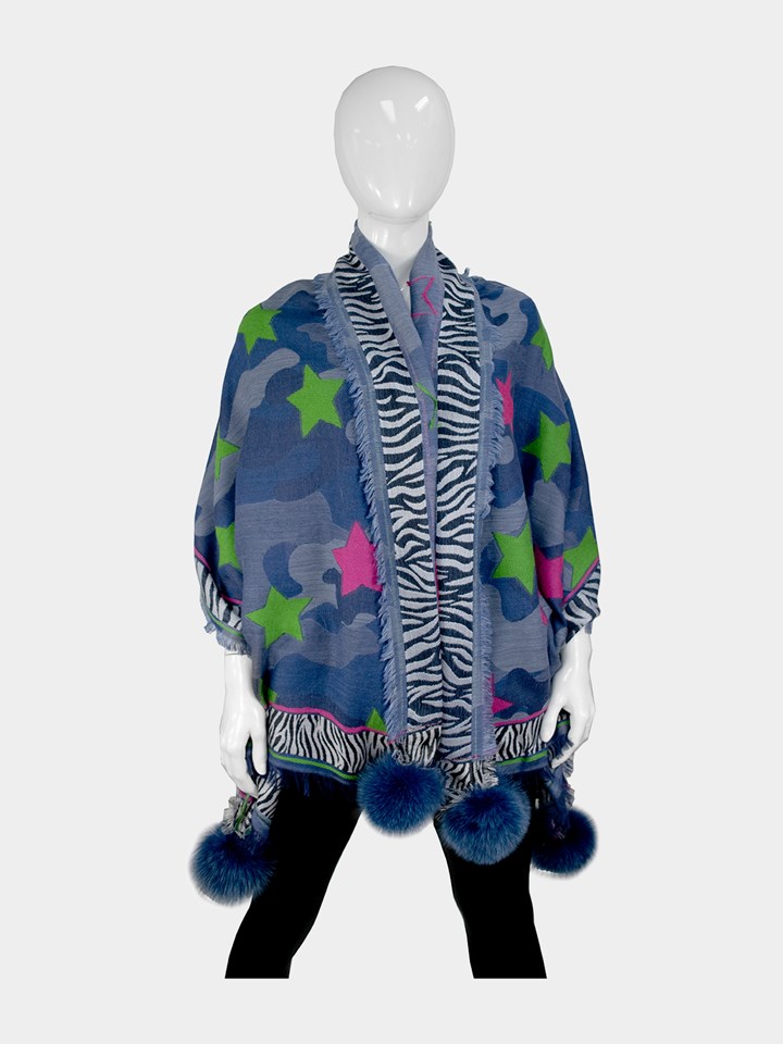 Woman's Blue Mix Camo/Animal Print/Star Woven Fabric Scarf With Fox Poms