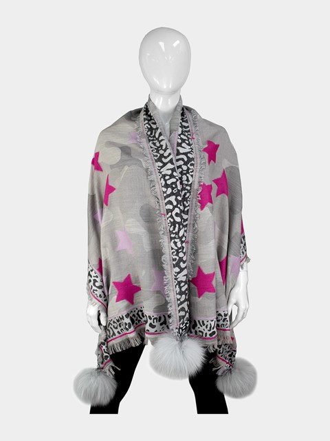 Woman's Grey Mix Camo/Animal Print/Star Woven Fabric Scarf with Fox Poms