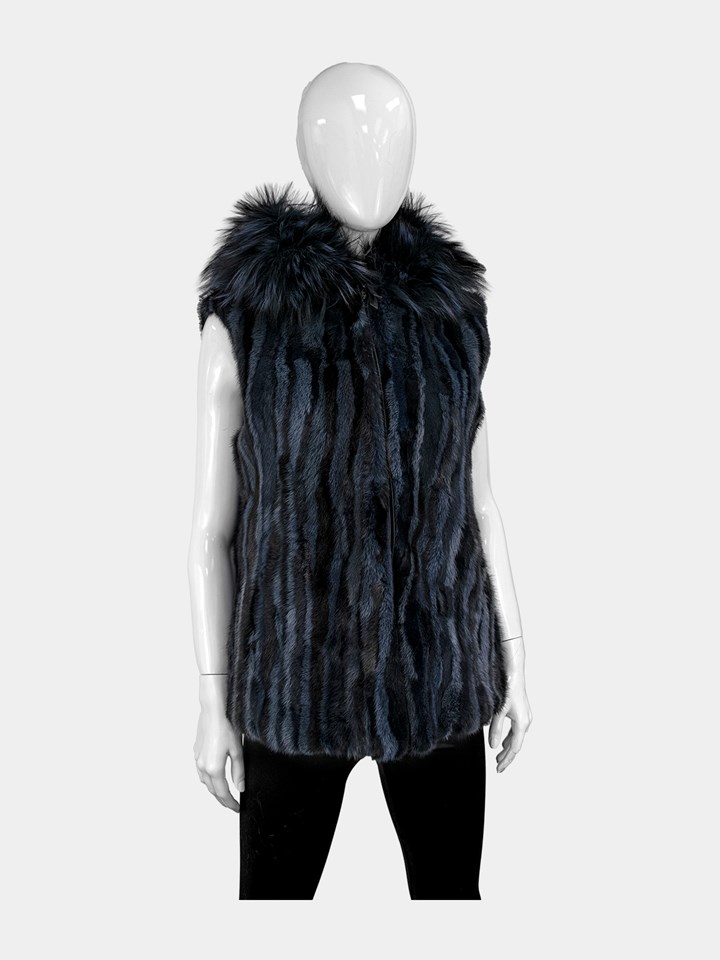 Woman's Navy and Grey  Mink Fur Hooded Vest with  Dyed Silver Fox Trim on Hood