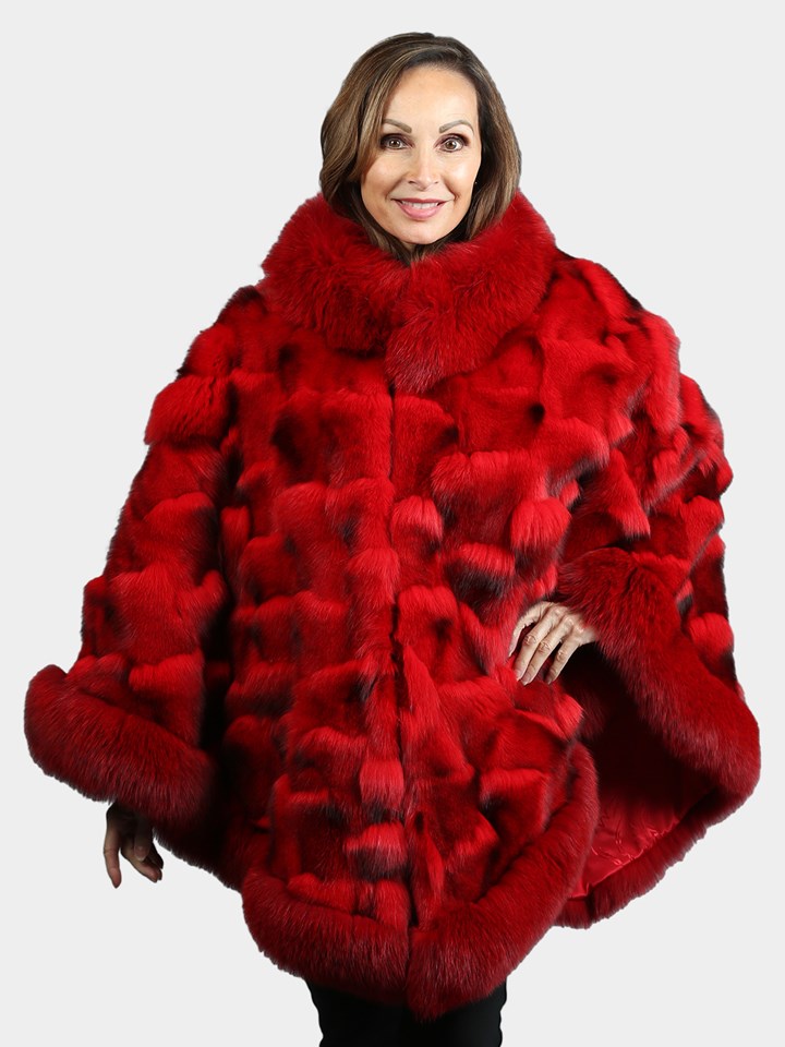 Woman's Red Dyed Fox Section Fur Poncho