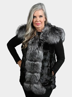 Woman's Black Mink Section Fur Vest With Fox Collar And Trim