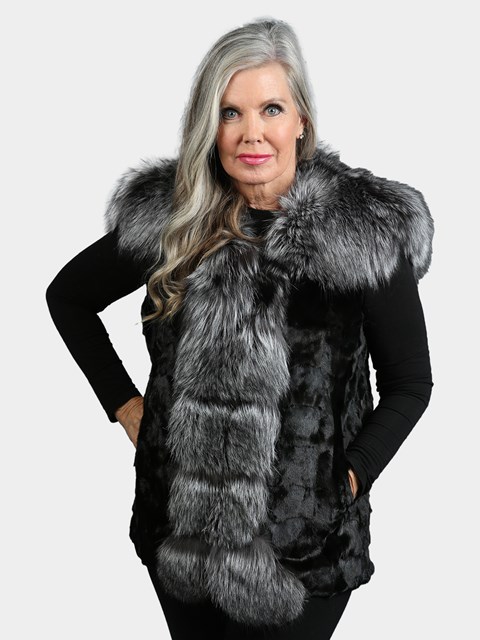 Woman's Black Mink Section Fur Vest With Fox Collar And Trim