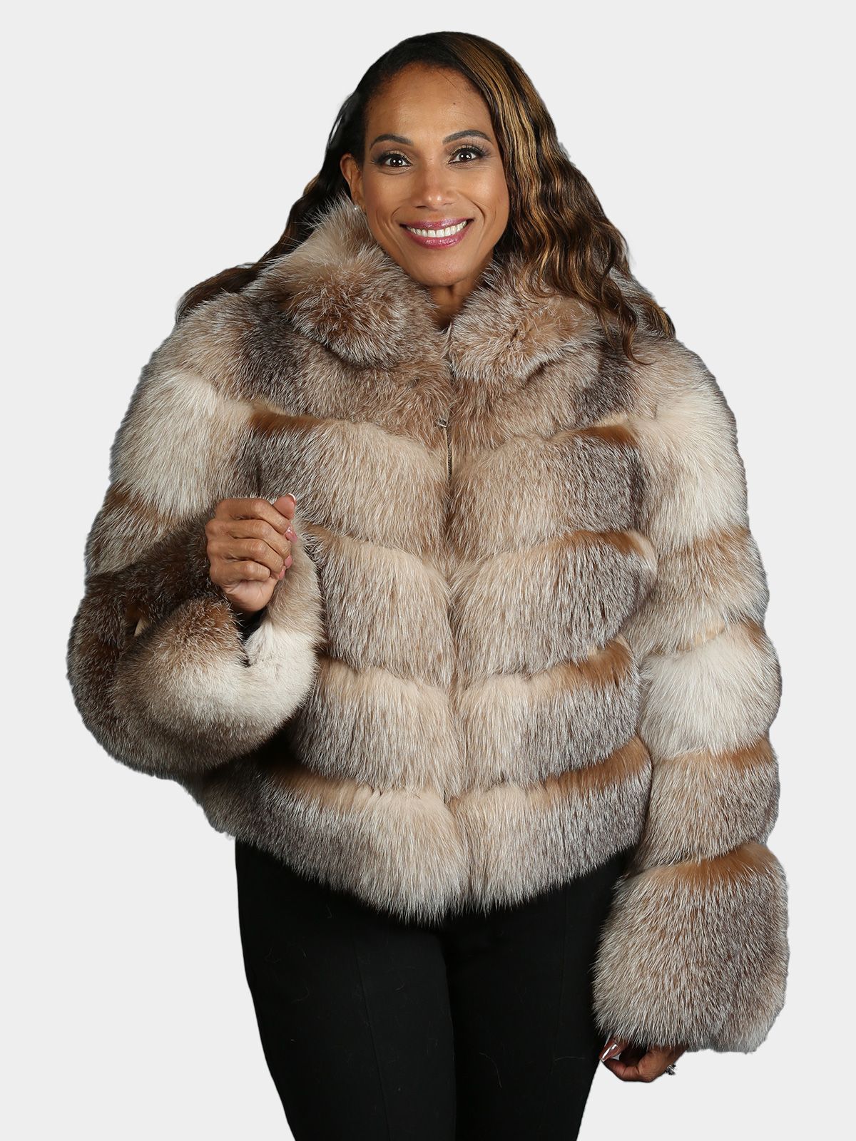 Woman s Natural Crystal Fox Fur Jacket with Hood