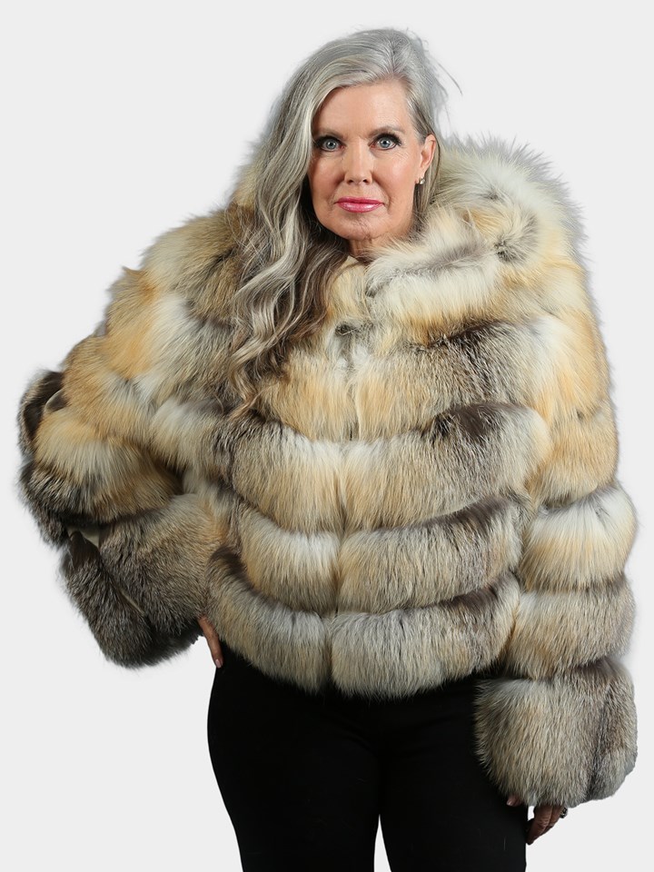 Woman's Natural Golden Isle Fox  Fur Jacket With Hood