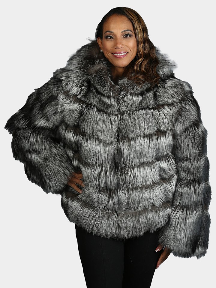 Woman's Natural Silver Fox  Fur Jacket With Hood