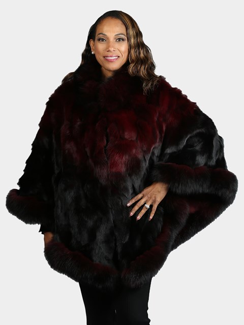 Woman's Two Tone Burgundy Fox Section Fur Poncho