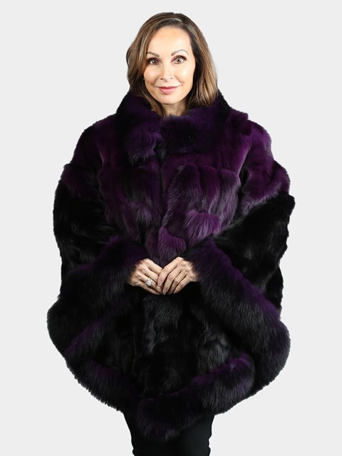 Woman's Two Tone Purple Fox Section Fur Poncho