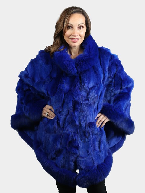 Woman's Royal Blue Fox Section Fur Poncho