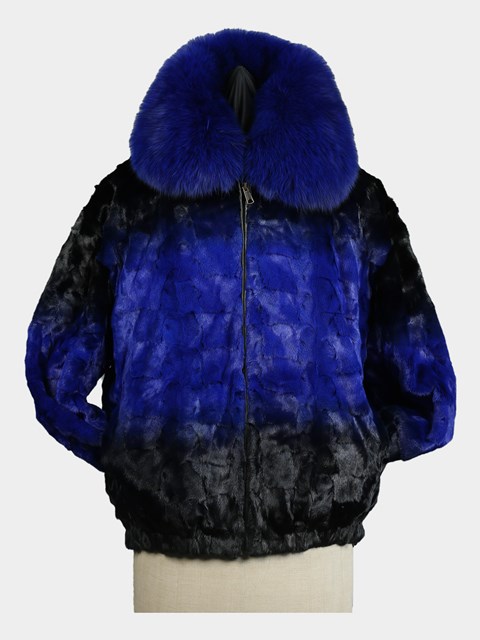 Man's Royal Blue Section Mink Fur Jacket With Dyed To Match Fox Collar