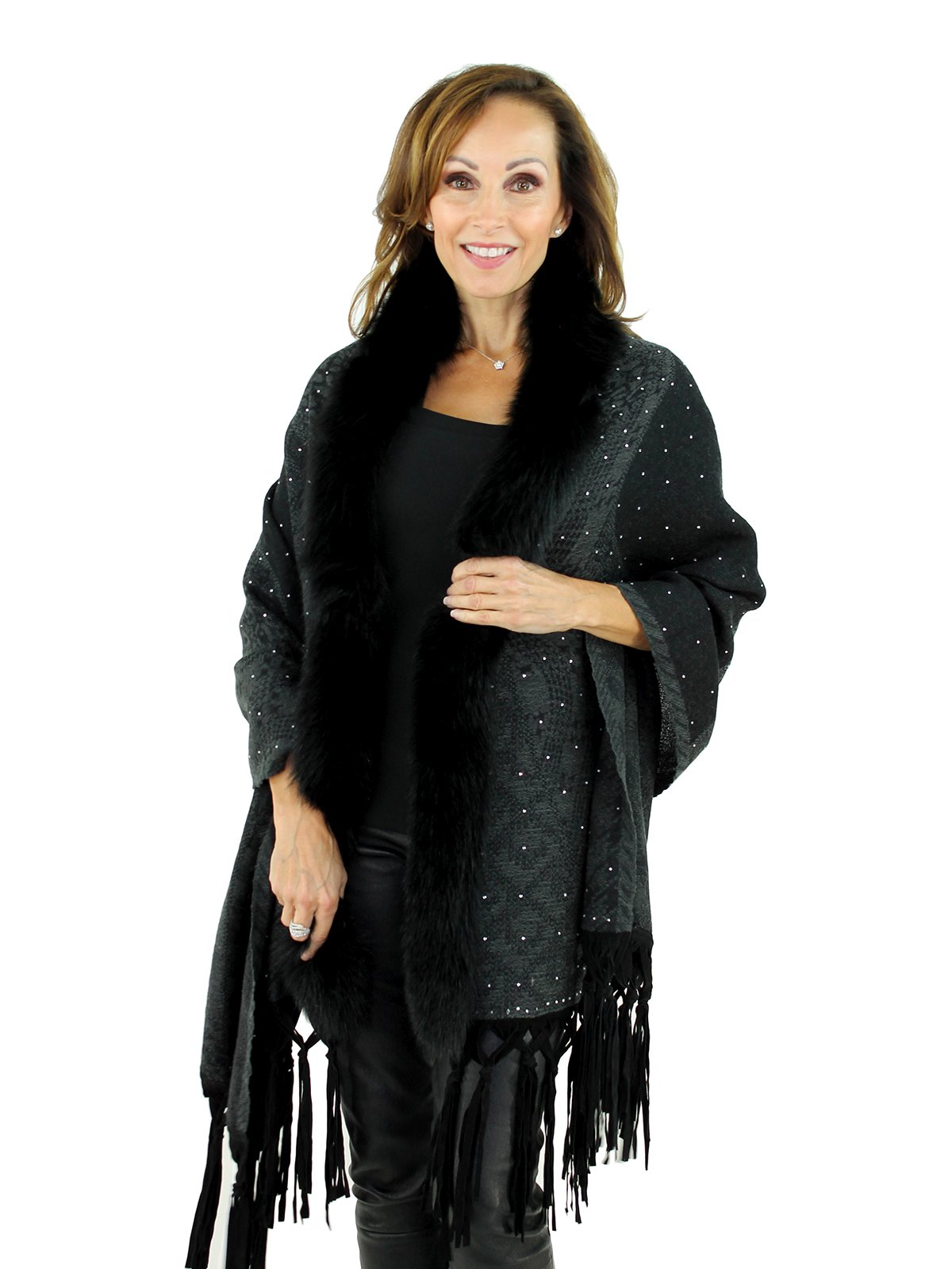 Black Woven Wool Wrap with Black Fox Fur Trim - Women's One Size Fits