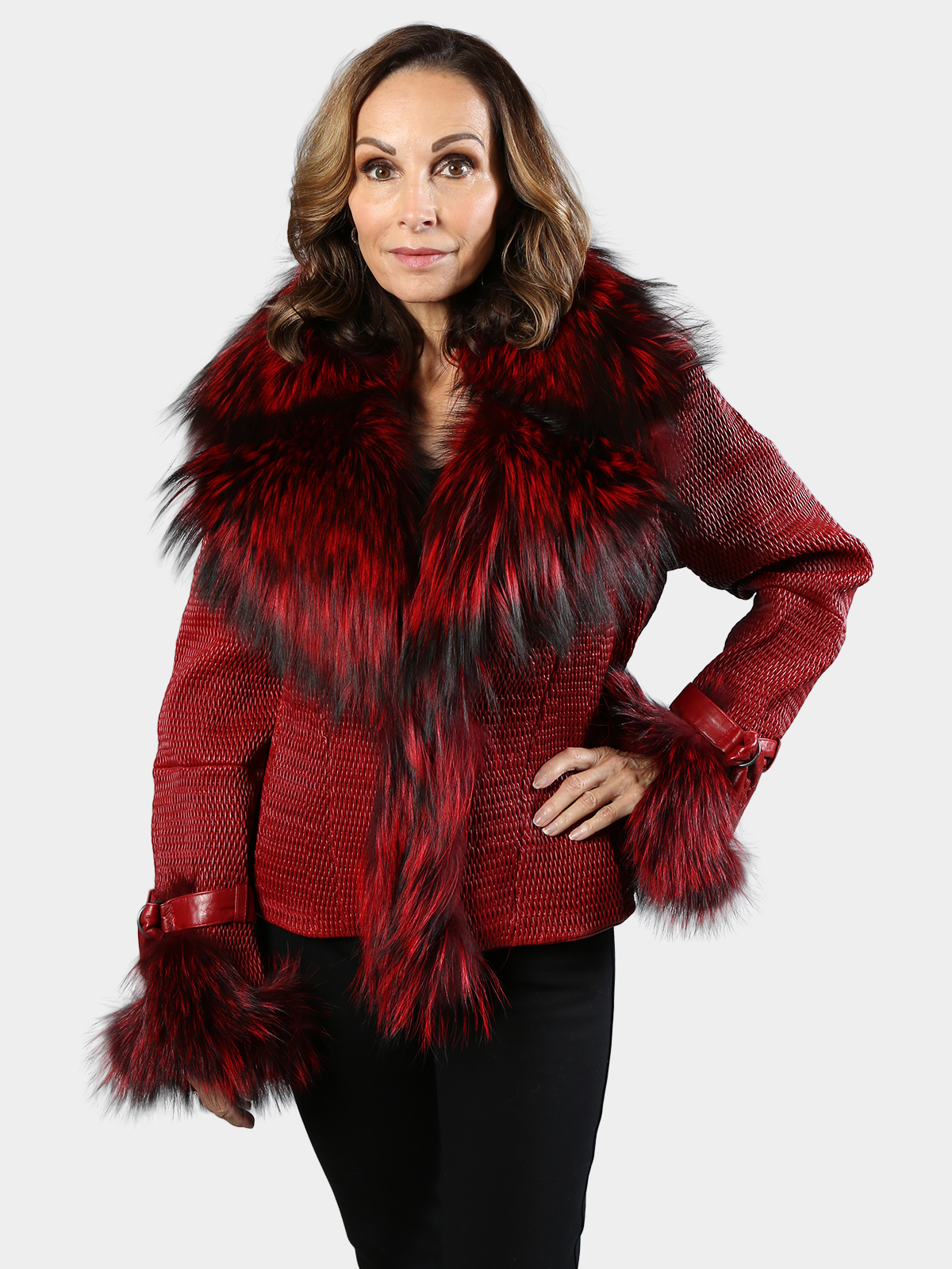 Women's Flame Red Black Mini Diamond Leather Jacket - Day Furs