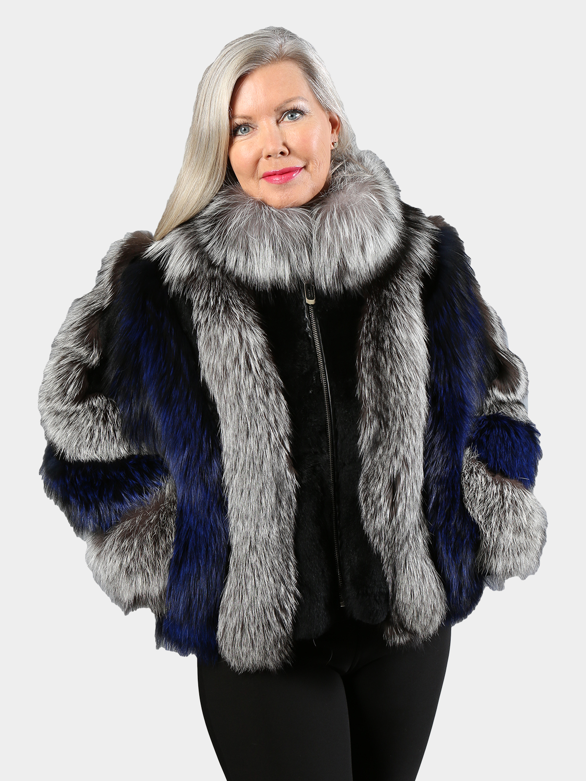 Women's Natural Silver Fox and Royal Blue Fox Fur Jacket Day Furs